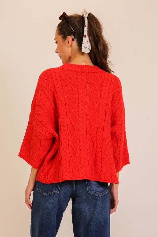 Red Cableknit 3/4 Sweater