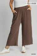 Curvy Brown Frayed Hem Wide Leg Pants