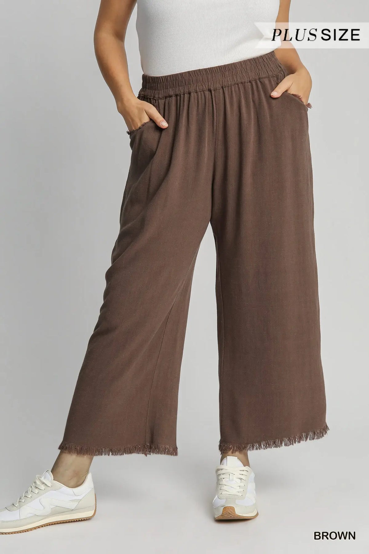 Curvy Brown Frayed Hem Wide Leg Pants