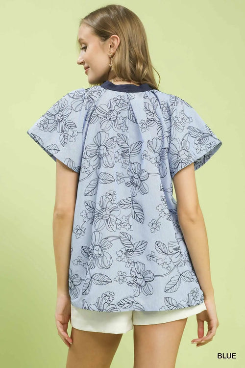 Blue Floral Embroidered Top
