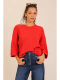 Red Cableknit 3/4 Sweater