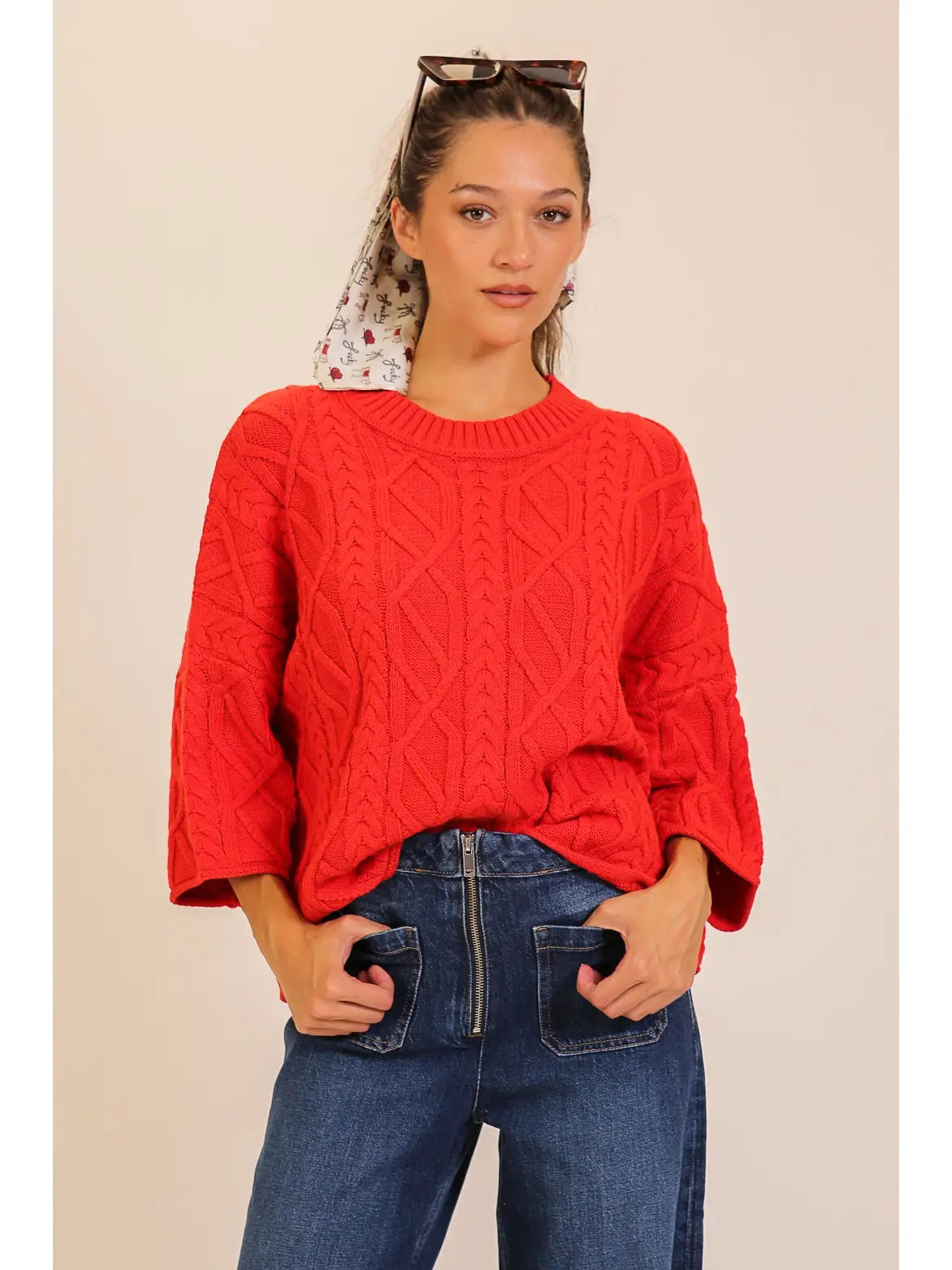 Red Cableknit 3/4 Sweater